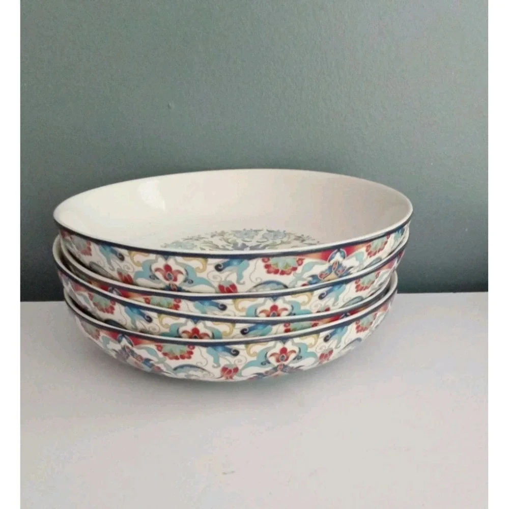 222 Fifth Tunisia Porcelain Floral Blue Shallow Serving Pasta Bowl 9.5